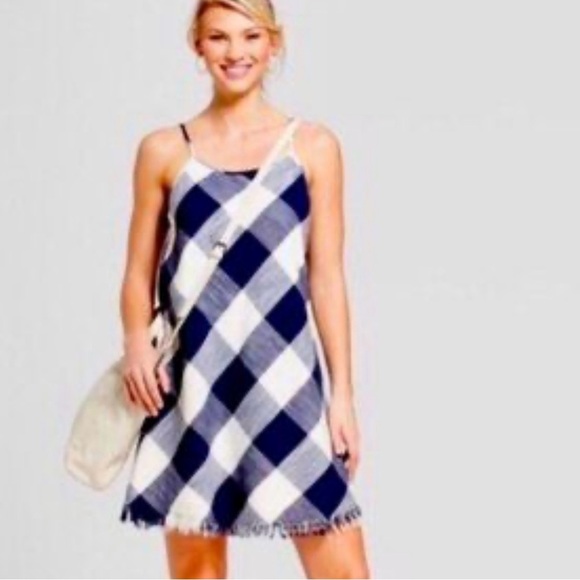 Universal Thread Medium Navy and White Plaid Mini Dress Raw Hem - Picture 1 of 9